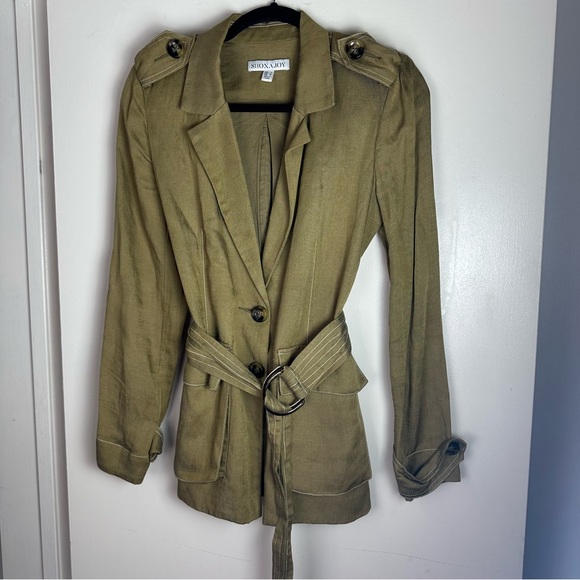 Shona Joy Olive Green Welling ton Linen Viscose Belted Blazer Jacket 4 *Like New - Picture 5 of 16